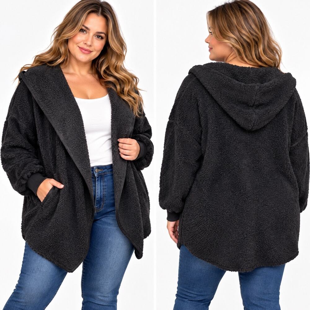 Joyspun Womens Black Sherpa Fleece Hooded Open Front Jacket Plus Size 3X